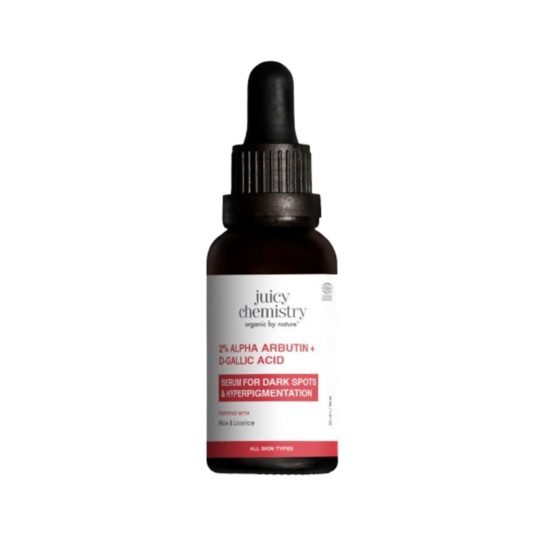Juicy Chemistry 2% Alpha Arbutin and D-Gallic Acid face serum in a glass bottle with dropper, designed for skin brightening and clarity.