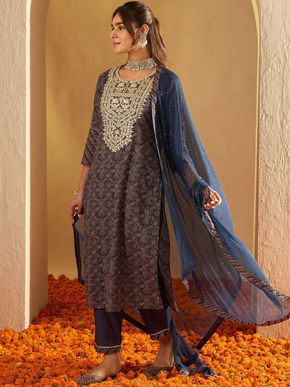 Ethnic Motifs Printed Pure Cotton Straight Kurta With Trousers & Dupatta