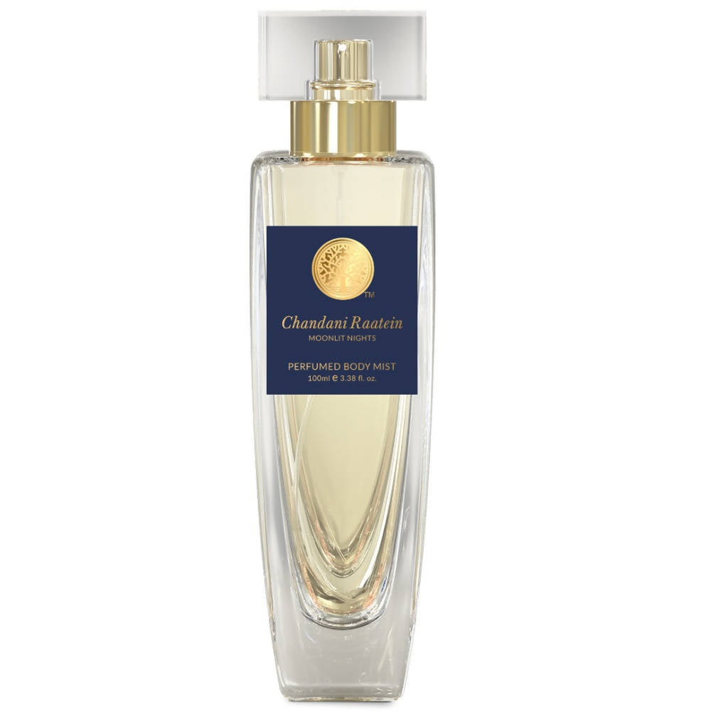 Forest Essentials Chandani Raatein intense perfumed body mist bottle with floral and aromatic design for skin and personal care.