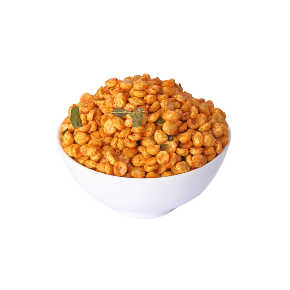 North Indian snack Godavari Vantillu Karam Senagapappu, spicy roasted chickpeas in a bowl with vibrant Indian snack packaging