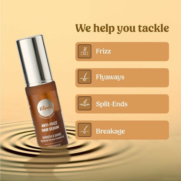 Vilvah Store Anti-Frizz Hair Serum bottle with dropper, smooth and shiny hair care product for frizz control.