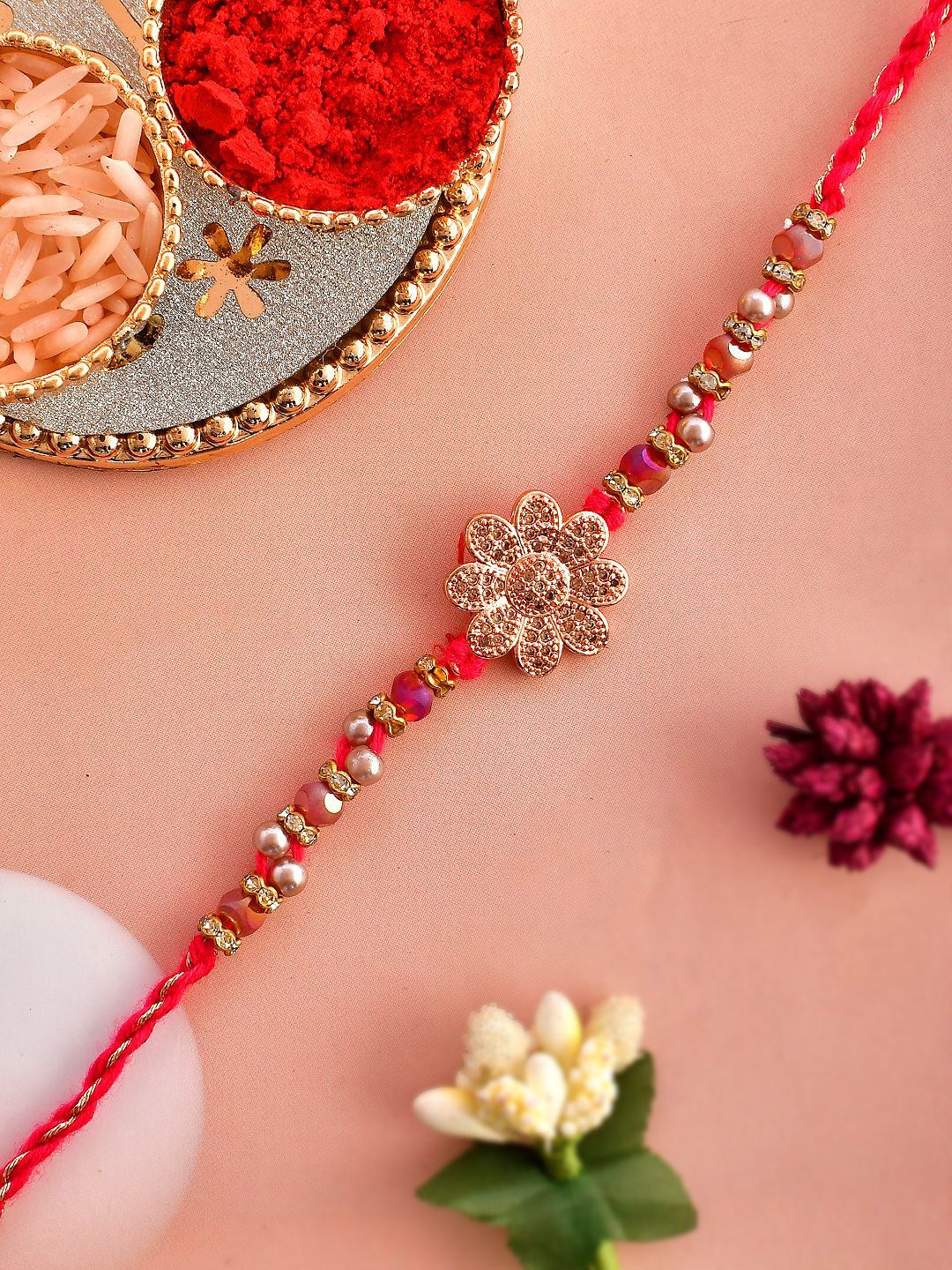 Anouk Gold Toned Beaded Floral Rakhi With Roli Chawal & Greeting Card