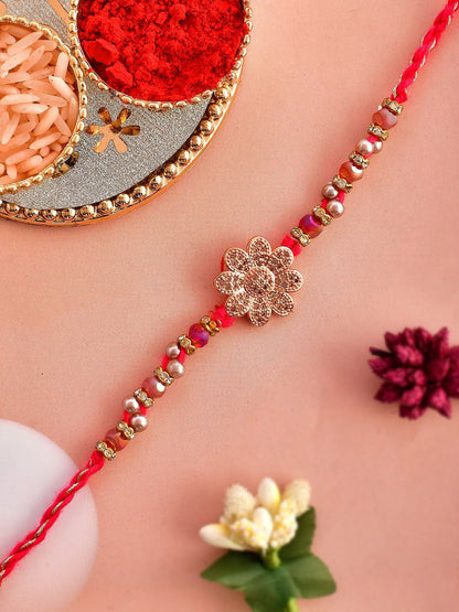 Anouk Gold Toned Beaded Floral Rakhi With Roli Chawal & Greeting Card