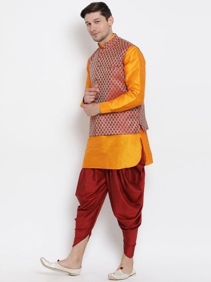 Men's Orange Silk Blend Straight Jacket  Kurta and Dhoti Set