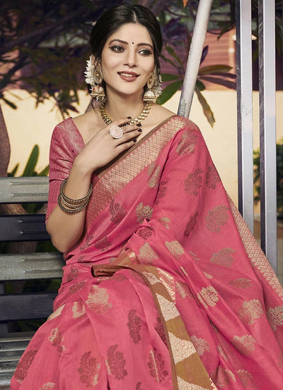 Indyancart GR Women's Yashomati Blush Pink Zari Woven Design Chanderi Cotton Saree