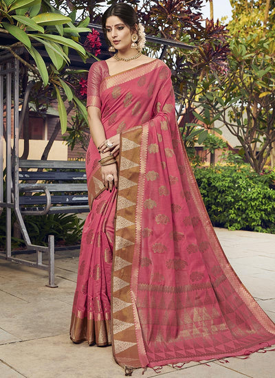 Indyancart GR Women's Yashomati Blush Pink Zari Woven Design Chanderi Cotton Saree