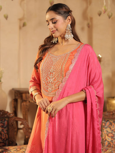 Indyancart IE Bandhani Printed Straight Sequinned Kurta With Trousers & Dupatta