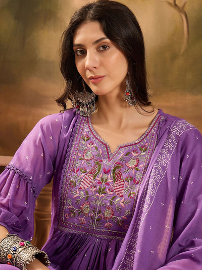 Indyancart SN Women's Thread Embroidered Pure Cotton Anarkali Kurta With Trousers & Dupatta
