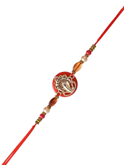 Anouk Red Resin-Based Ganesha Rakhi With Roli Chawal & Greeting Card