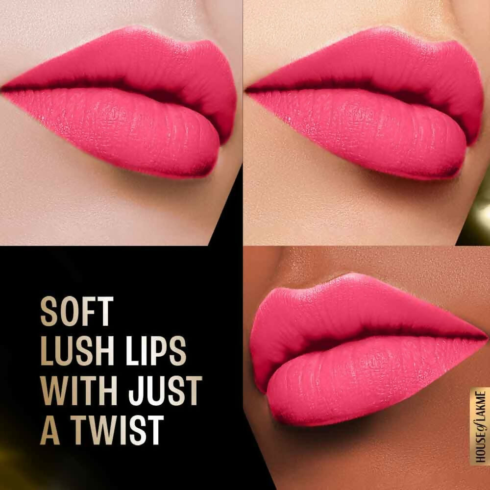 Lakme Forever Matte Lipstick in Pink Prom with French Rose Oil, showcasing the smooth, matte lipstick bullet in a close-up shot