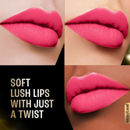 Lakme Forever Matte Lipstick in Pink Prom with French Rose Oil, showcasing the smooth, matte lipstick bullet in a close-up shot