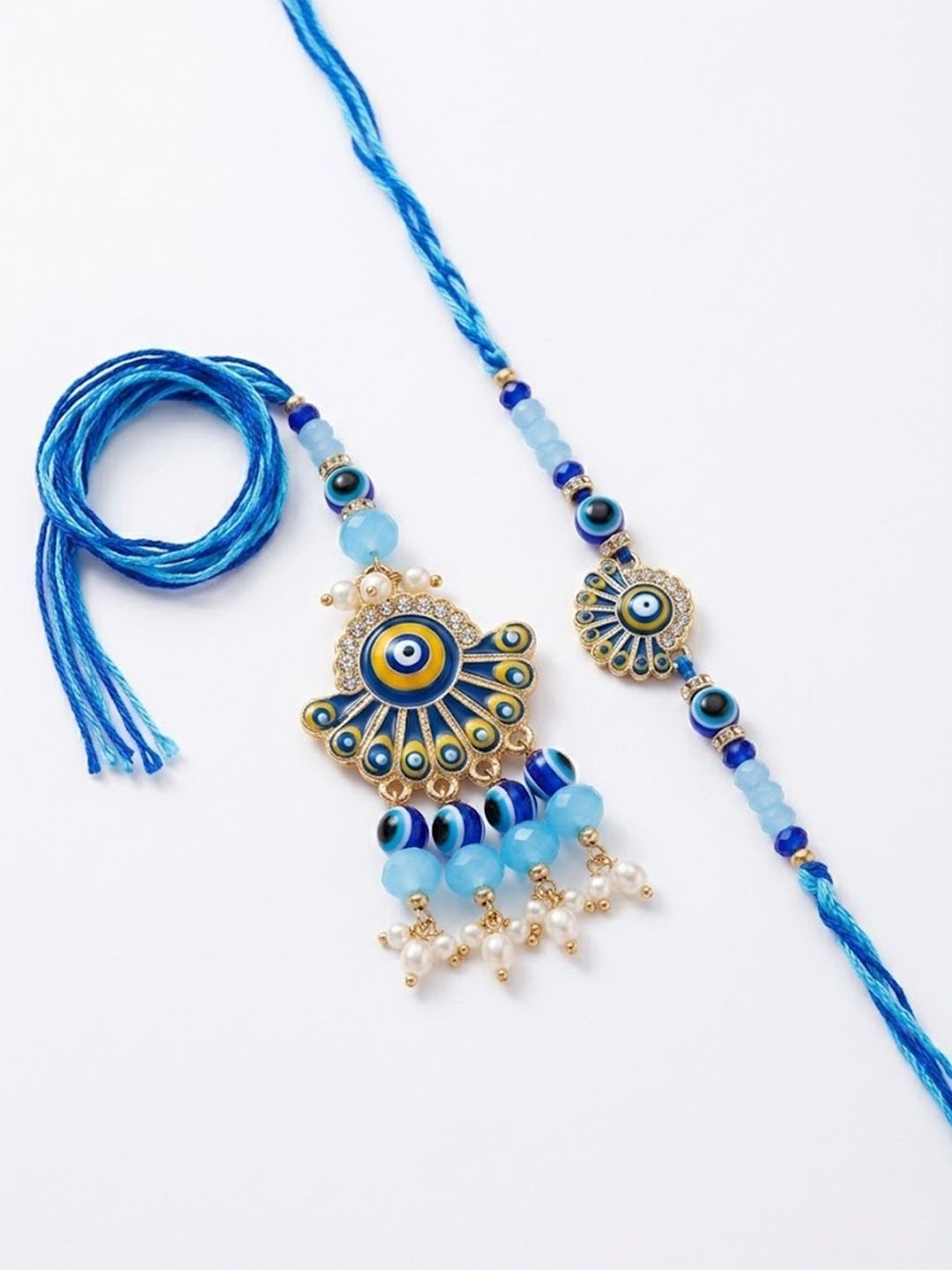 Anouk Set Of 2 Blue Evil Eye Artificial Beads Bhaiya Bhabhi Rakhi With Roli Chawal