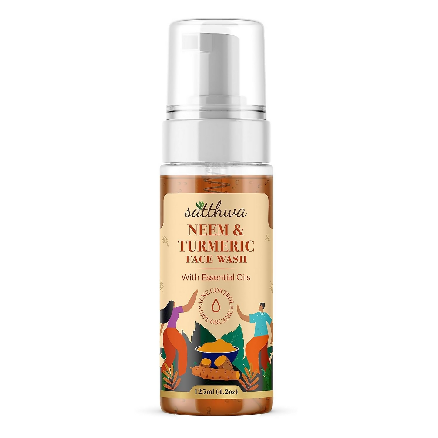 Satthwa Neem and Turmeric Face Wash in a clear bottle, designed for acne-prone skin with natural ingredients for a refreshing cleanse.