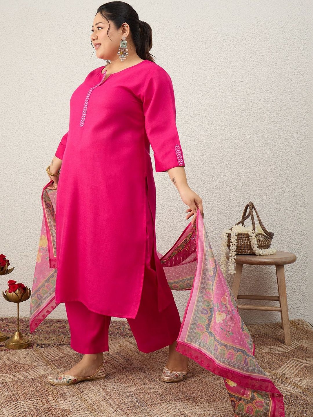 Indyancart Women's Ethnic Motifs Regular Thread Work Kurta with Palazzos & With Dupatta