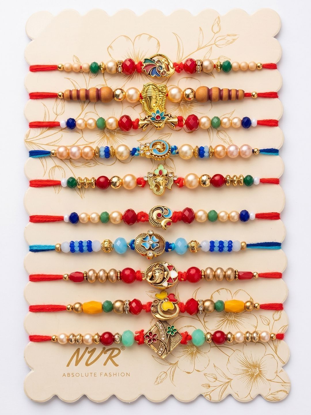 Anouk Set Of 10 Artificial Stones & Beads Thread Rakhi With Roli Chawal Chandan Mishri