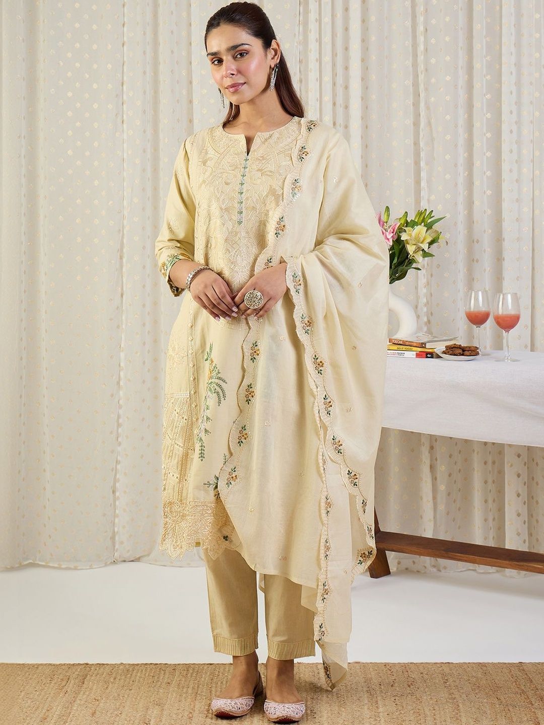 Women Embroidered Round Neck Sequinned Pure Cotton Kurta with Trousers & Dupatta