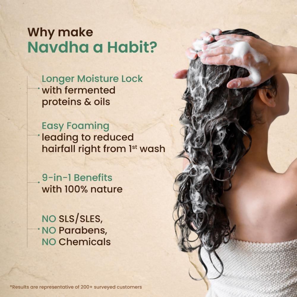 Nat Habit Tri-Leaf Rosemary Navdha Shampoo bottle with label, featuring natural ingredients and herbal design on the packaging.