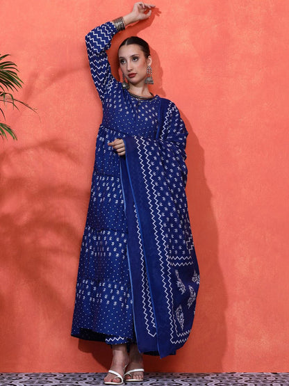 Indyancart SN Women's Floral Printed Pure Cotton A-Line Kurta & Trousers With Dupatta