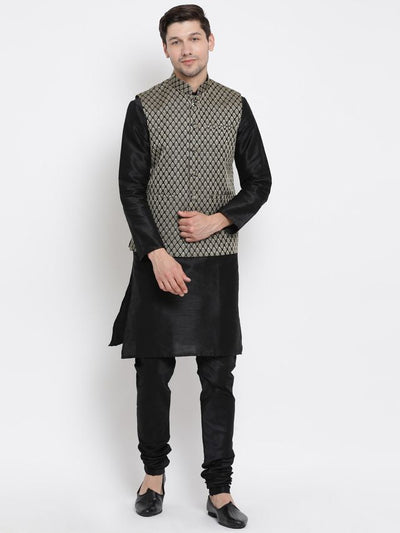 Men's Black Silk Blend Straight Jacket  Kurta and Pyjama Set