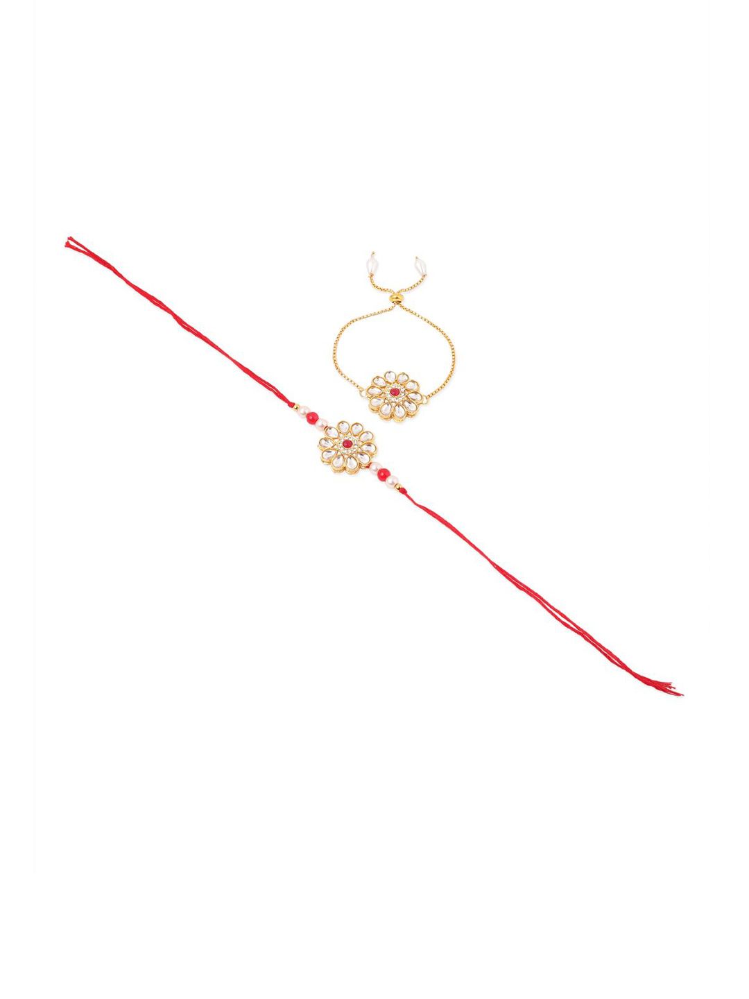 Anouk Set Of 2 Gold Toned Kundan Floral Design Bhaiya Bhabhi Rakhi Set With Roli Chawal