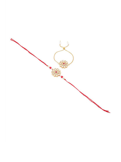 Anouk Set Of 2 Gold Toned Kundan Floral Design Bhaiya Bhabhi Rakhi Set With Roli Chawal