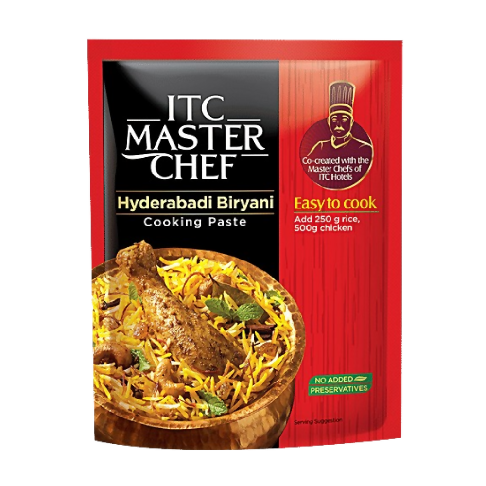ITC Master Chef Hyderabadi Biryani Cooking Paste in a jar, showcasing the flavorful spice blend for authentic biryani preparation