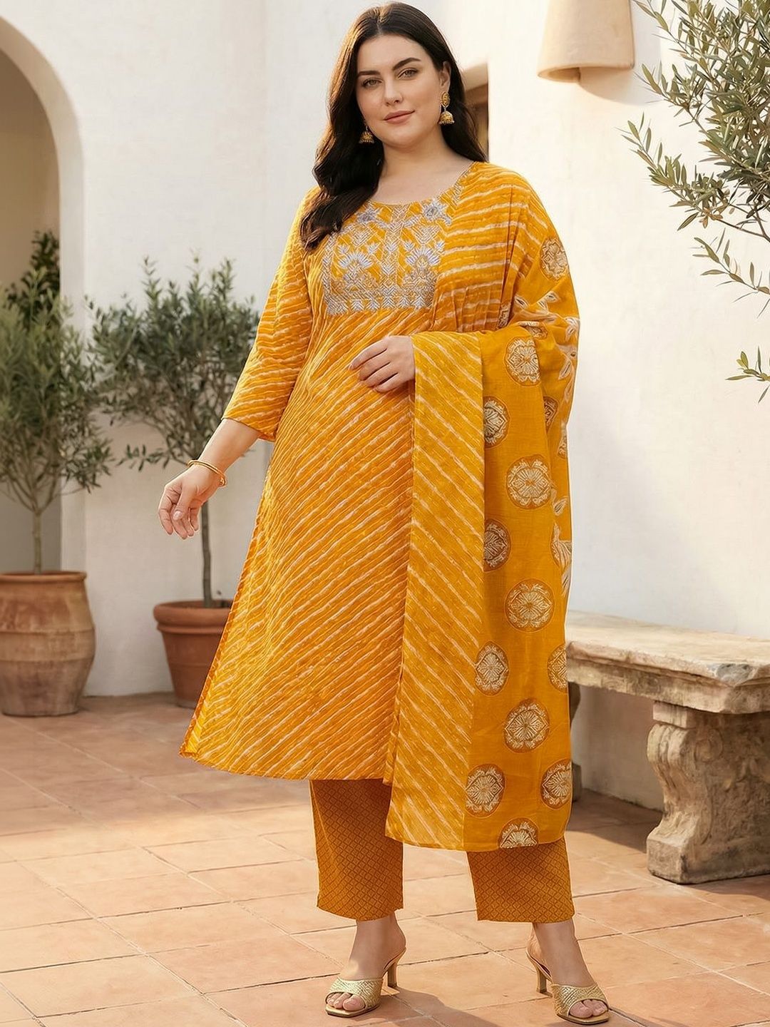 Indyancart Women's Ethnic Motifs Striped Regular Thread Work Pure Cotton Kurta with Trousers & With Dupatta