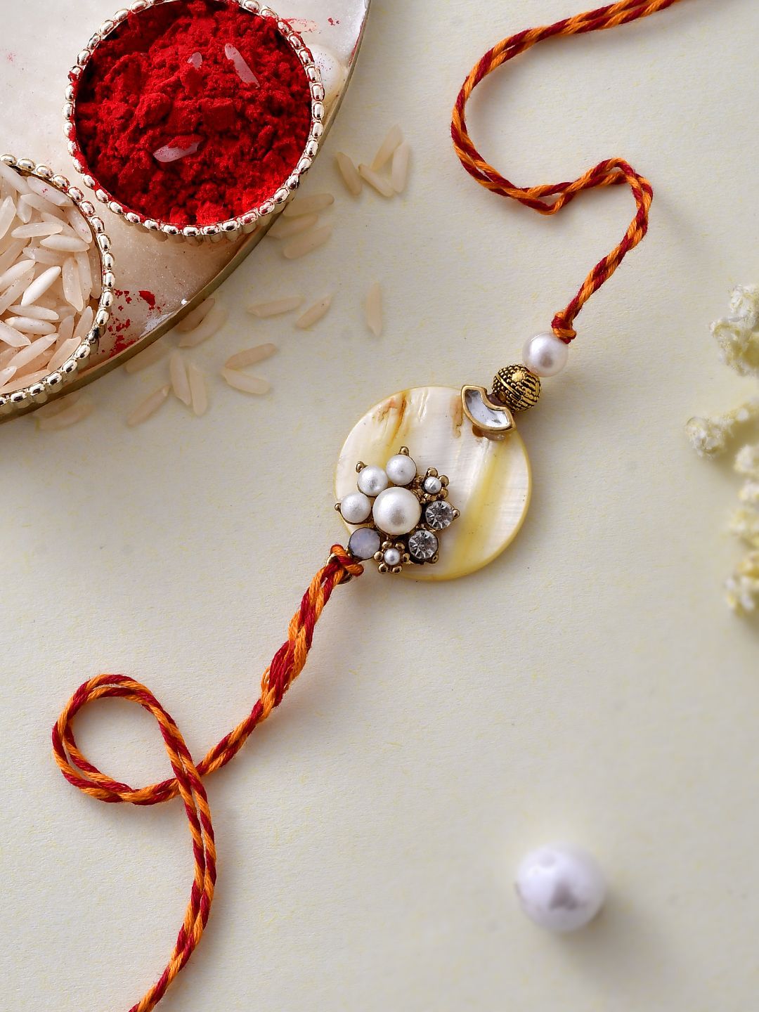 Anouk White Pearl-Beaded Rakhi With Roli Chawal & Greeting Card