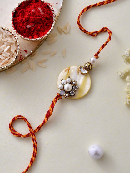 Anouk White Pearl-Beaded Rakhi With Roli Chawal & Greeting Card
