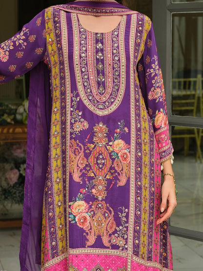 Indyancart IE Ethnic Motifs Printed Round Neck Mirror Work Silk Kurta With Palazzos & Dupatta