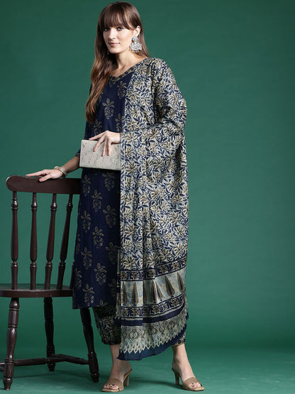 Indyancart IE Floral Printed Straight Pure Cotton Kurta with Salwar & Dupatta