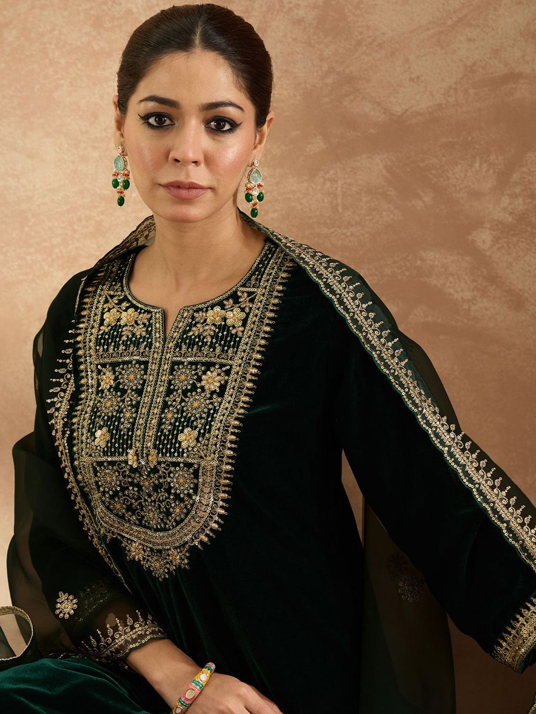 Indyancart IE Women Ethnic Motifs Embroidered Regular Velvet Kurta with Trousers & With Dupatta