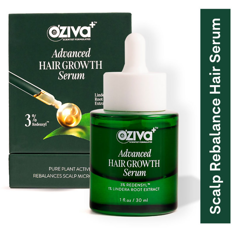 Oziva Advanced Hair Growth Serum showing a sleek bottle with dropper, designed to promote scalp health and hair growth.