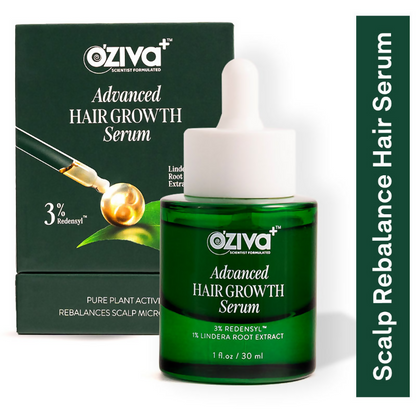 Oziva Advanced Hair Growth Serum showing a sleek bottle with dropper, designed to promote scalp health and hair growth.