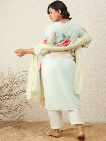 Indyancart Women's Floral Printed Regular Kurta with Trousers & With Dupatta
