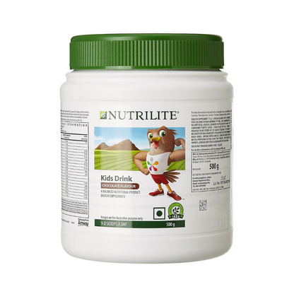 Kids NutriDrink Plus chocolate flavored baby nutritional powder by Nutrlite, showing the container with chocolate drink mix.