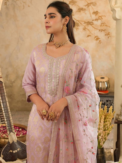 Ethnic Motifs Woven Design Zari Straight Kurta With Trousers & Dupatta