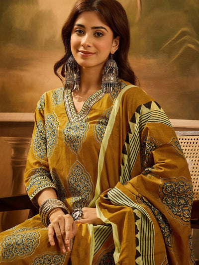Indyancart SN Women's Ethnic Motif Printed V-Neck Pure Cotton Straight Kurta With Trouser & Dupatta