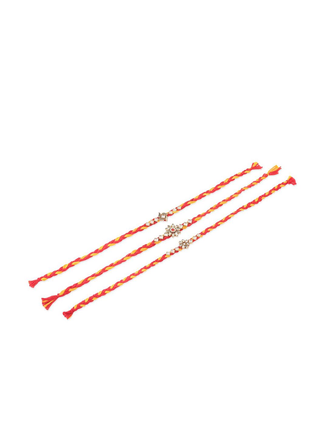 Anouk Set Of 3 Kundan Studded Floral Thread Rakhis With Roli Chawal Chandan & Mishri