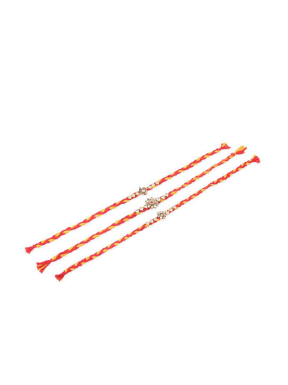 Anouk Set Of 3 Kundan Studded Floral Thread Rakhis With Roli Chawal Chandan & Mishri