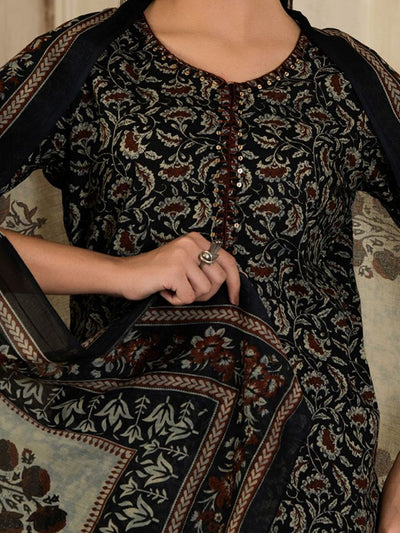 Indyancart SN Women's Floral Printed Cotton Kurta with Trousers & Dupatta
