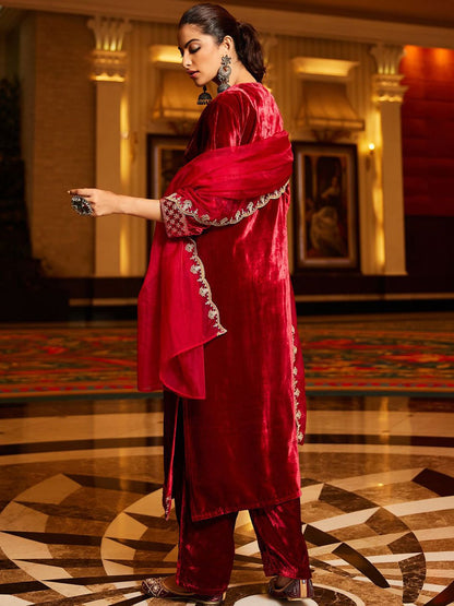 Floral Yoke Design Sequinned Velvet Straight Kurta With Trousers & Dupatta