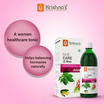 Krishna's Herbal & Ayurveda She Care Ayurvedic syrup for women's wellness in a glass bottle with label and cap.
