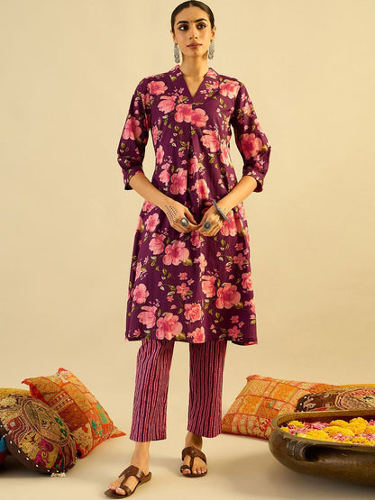 Floral Printed Pure Cotton Kurta With Trousers