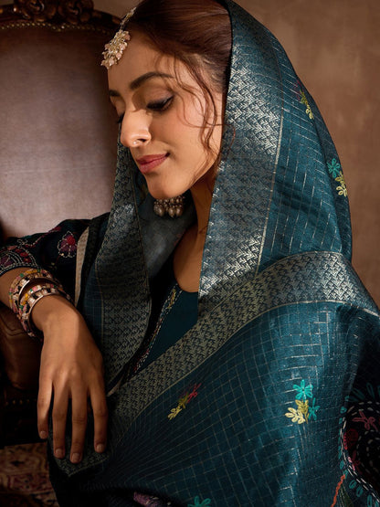 Indyancart IE Floral Embroidered Thread Work Straight Kurta With Trousers & Dupatta