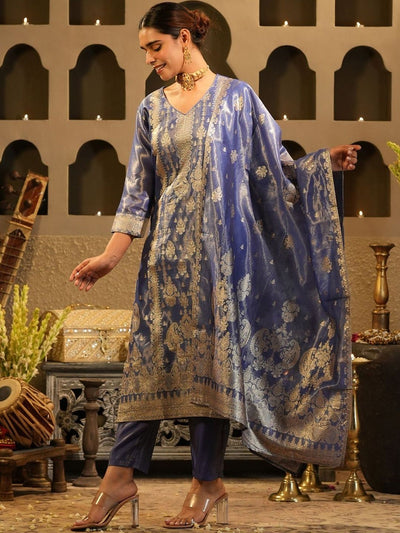 Indyancart IE Ethnic Motifs Woven Design Zari Liva Kurta With Trousers & With Dupatta