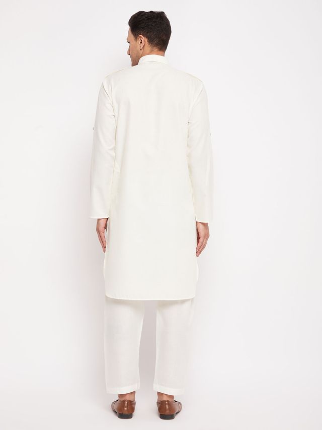 Men's Cream Cotton Blend Pathani Pathani Kurta Set