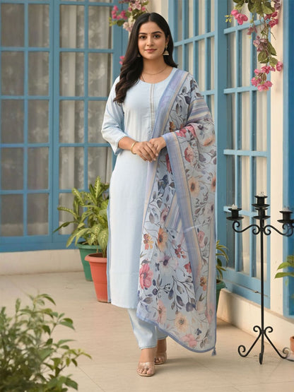 Roun Neck Straight Kurta With Trousers & With Dupatta