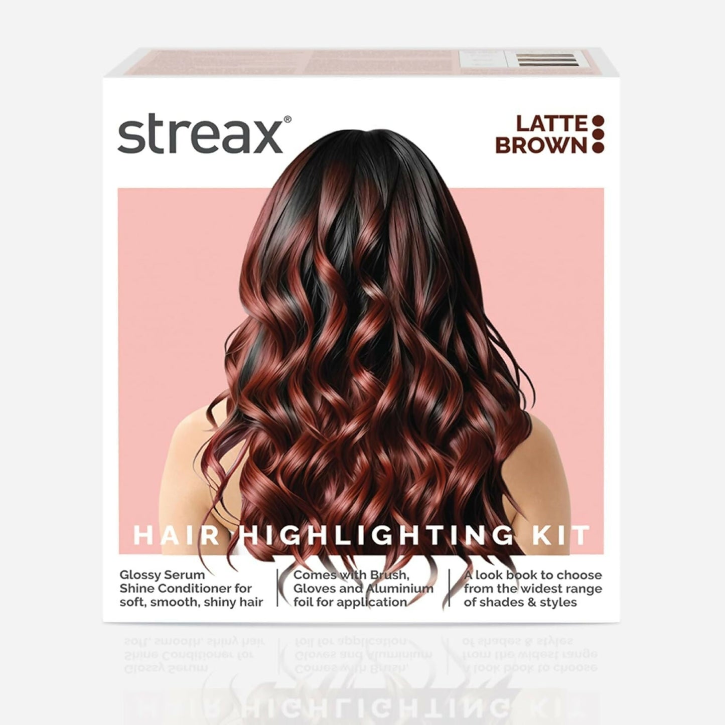 Streax Professional Latte Brown hair color highlighting kit with gloves and applicator tools for DIY hair lightening.
