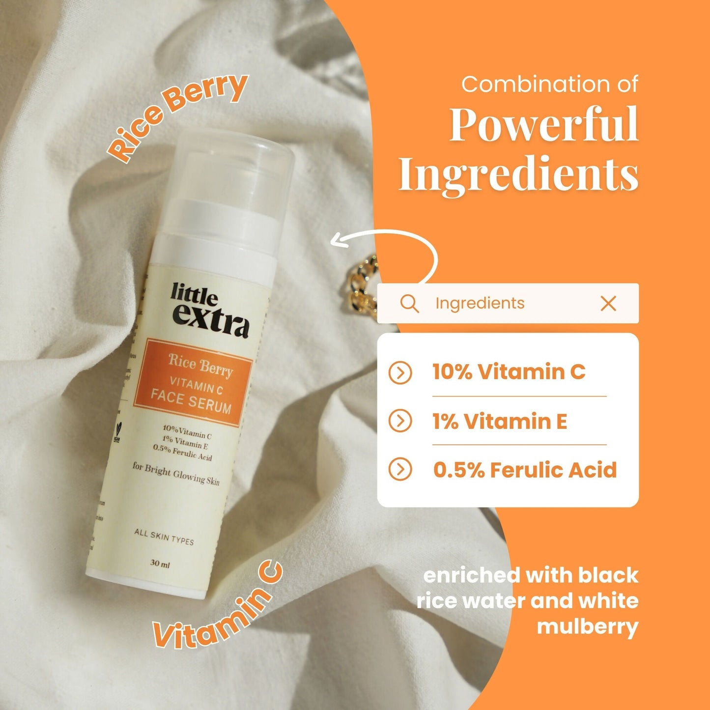 Little Extra Rice Berry 10% Vitamin C face serum in a clear glass bottle with a dropper, showcasing vibrant serum inside.